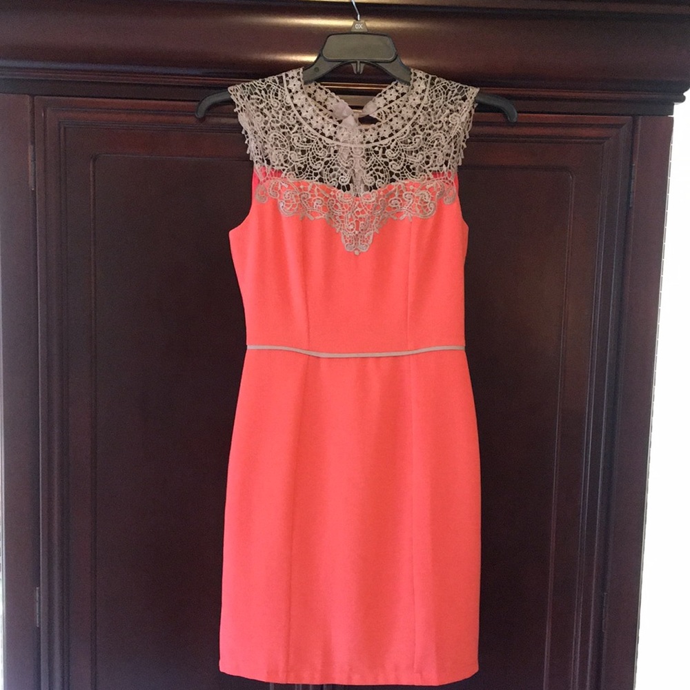 Coral dress with lace top, tie up back Small